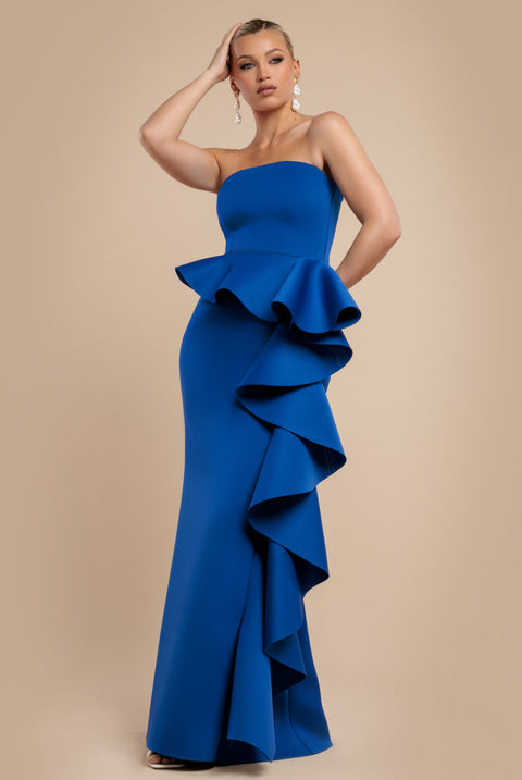 Goddiva Boobtube Peplum  Waterfall Frill Maxi Dress - Royal Blue