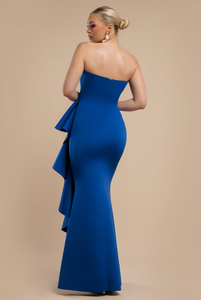 Goddiva Boobtube Peplum  Waterfall Frill Maxi Dress - Royal Blue