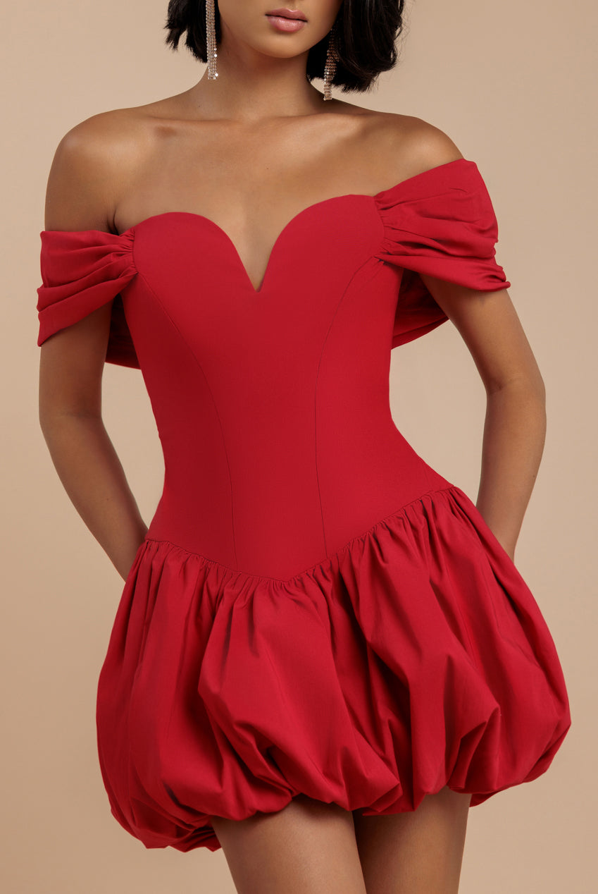 Goddiva Bardot Babydoll Corset Mini Dress - Red