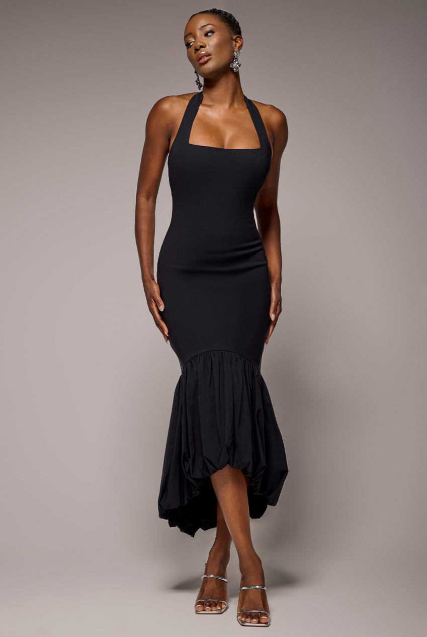 Goddiva Halter Neck Puff Hem Mermaid Midaxi Dress - Black