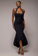 Goddiva Halter Neck Puff Hem Mermaid Midaxi Dress - Black