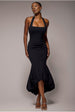 Goddiva Halter Neck Puff Hem Mermaid Midaxi Dress - Black