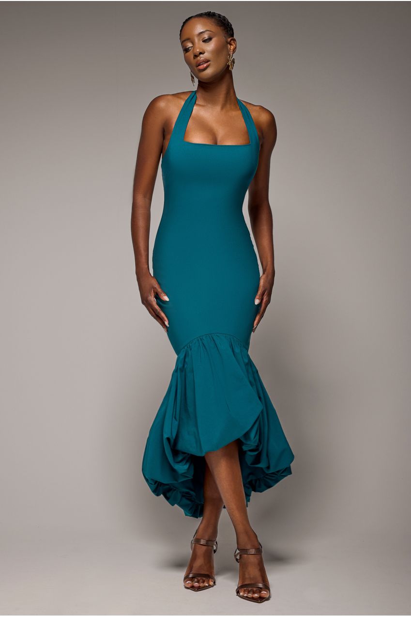 Goddiva Halter Neck Puff Hem Mermaid Midaxi Dress - Emerald Green