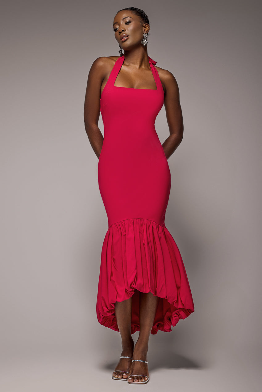 Goddiva Halter Neck Puff Hem Mermaid Midaxi Dress - Red