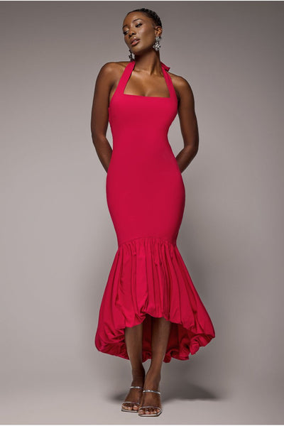 Red - Goddiva Halter Neck Puff Hem Mermaid Midaxi Dress - Red