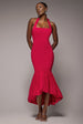 Goddiva Halter Neck Puff Hem Mermaid Midaxi Dress - Red