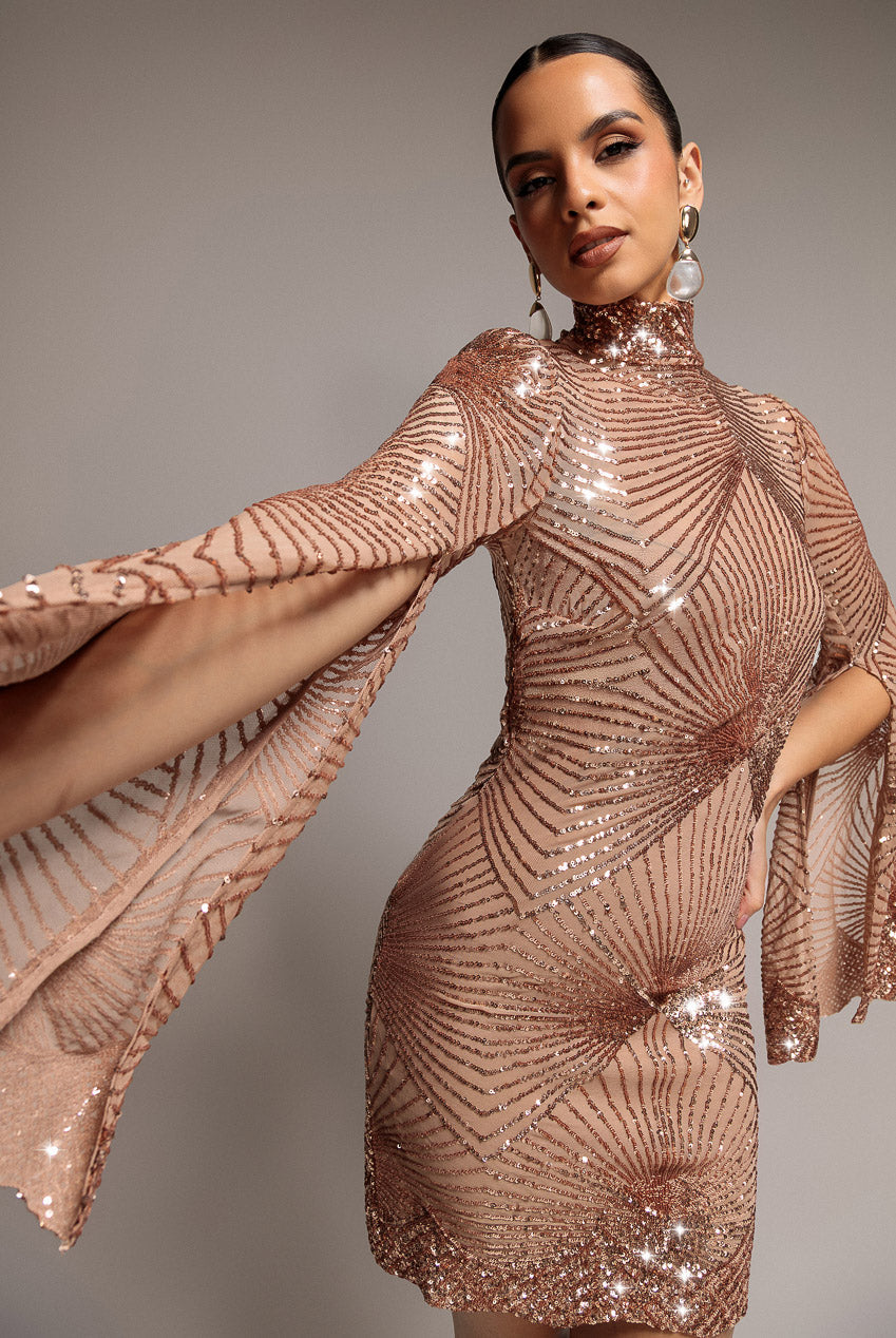 Goddiva Sequin Starburst Cape Sleeve Mini Dress - Champagne