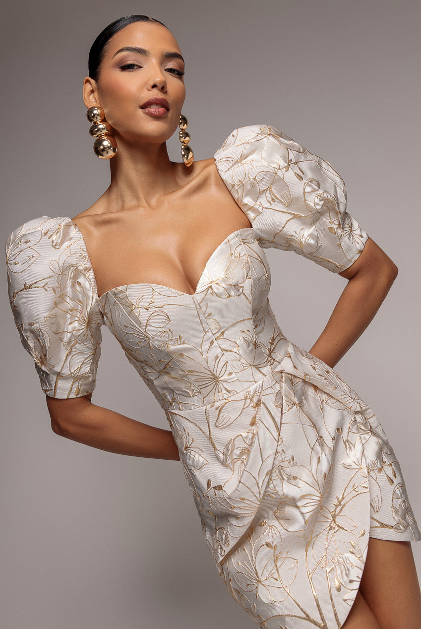 Goddiva Puff Sleeve Sweetheart Mini Dress - Cream