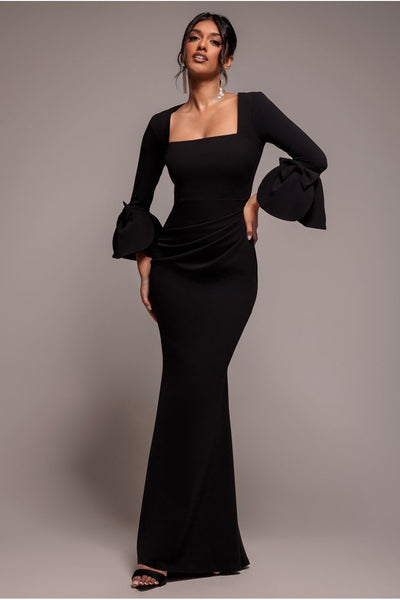 Black - Goddiva Petal Bow Sleeve Frill Maxi Dress - Black