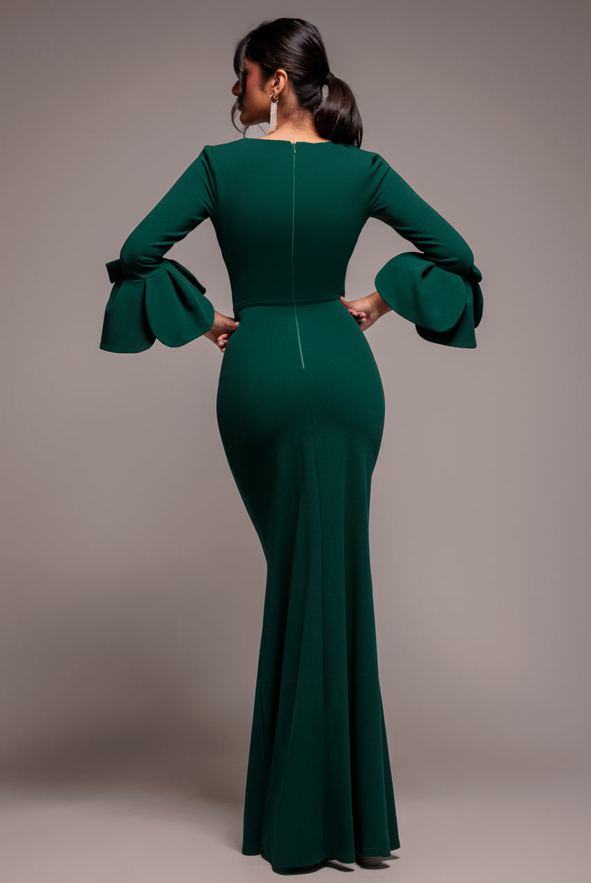 Goddiva Petal Bow Sleeve Frill Maxi Dress - Emerald Green