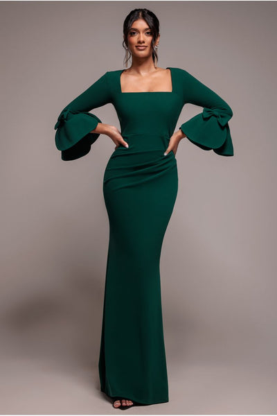 Emerald - Goddiva Petal Bow Sleeve Frill Maxi Dress - Emerald Green