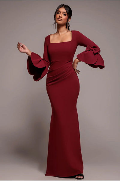 Wine - Goddiva Petal Bow Sleeve Frill Maxi Dress - Wine