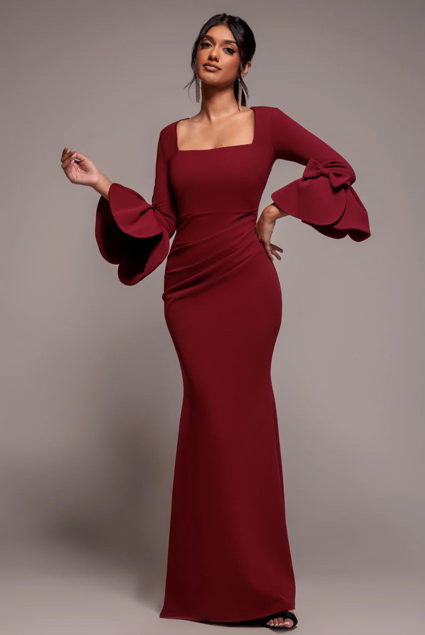 Goddiva Petal Bow Sleeve Frill Maxi Dress - Wine