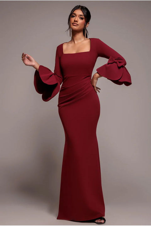 Goddiva Petal Bow Sleeve Frill Maxi Dress - Wine