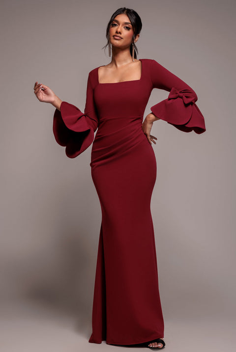 Goddiva Petal Bow Sleeve Frill Maxi Dress - Wine