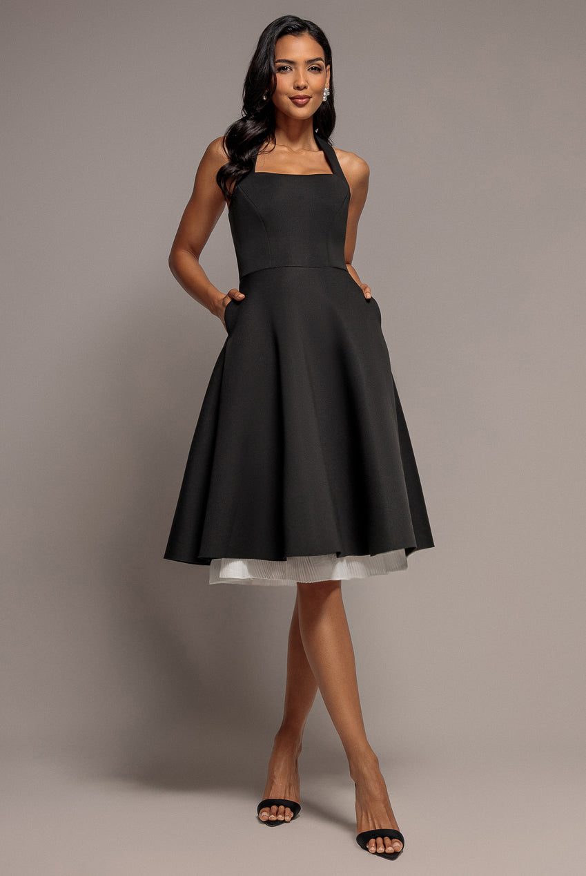 Goddiva Contrast Organza Frill Bow Back Halter Midi Dress - Black Cream