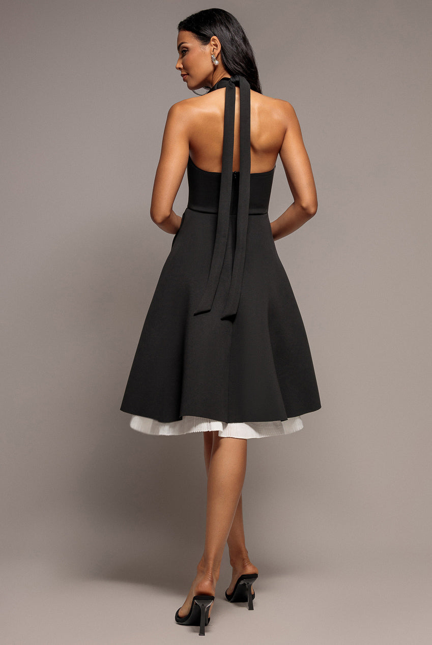Goddiva Contrast Organza Frill Bow Back Halter Midi Dress - Black Cream