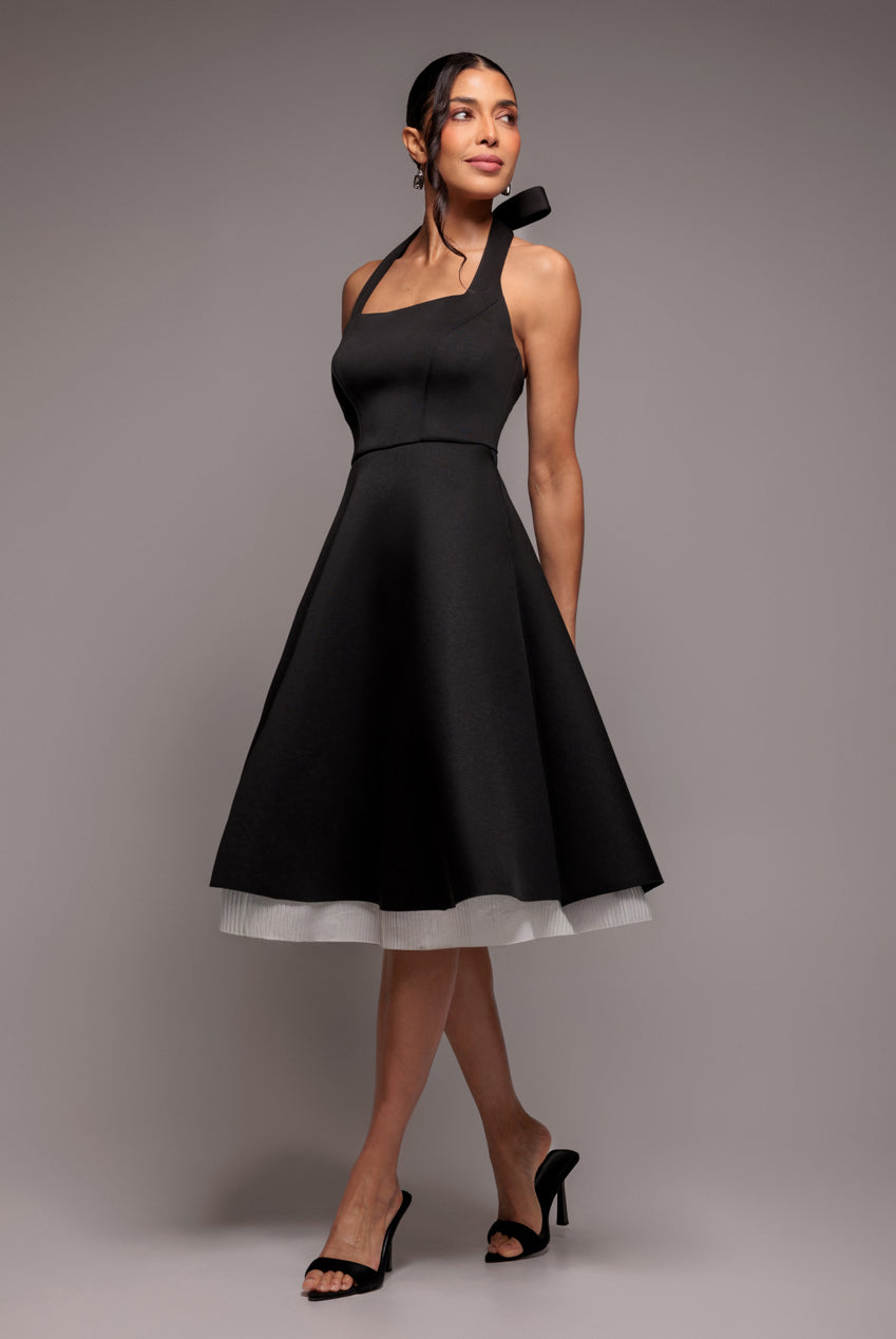 Goddiva Contrast Organza Frill Bow Back Halter Midi Dress - Black Cream