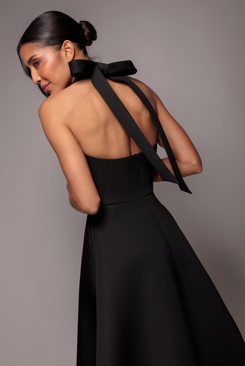 Goddiva Contrast Organza Frill Bow Back Halter Midi Dress - Black Cream