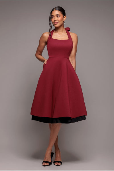 Burgundyblack - Goddiva Contrast Organza Frill Bow Back Halter Midi Dress - Burgundy Black