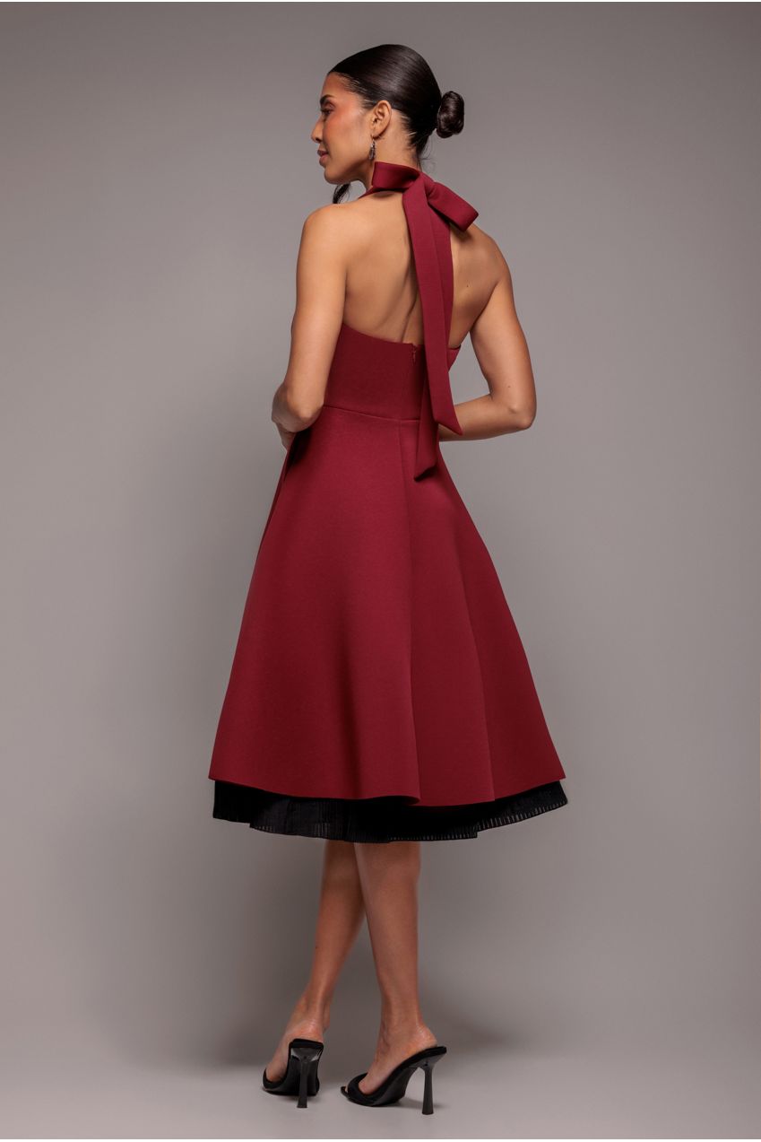 Goddiva Contrast Organza Frill Bow Back Halter Midi Dress - Burgundy Black