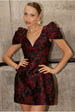 Goddiva Plunging Neck Pleated Sleeve Jacquard Mini Dress - Black