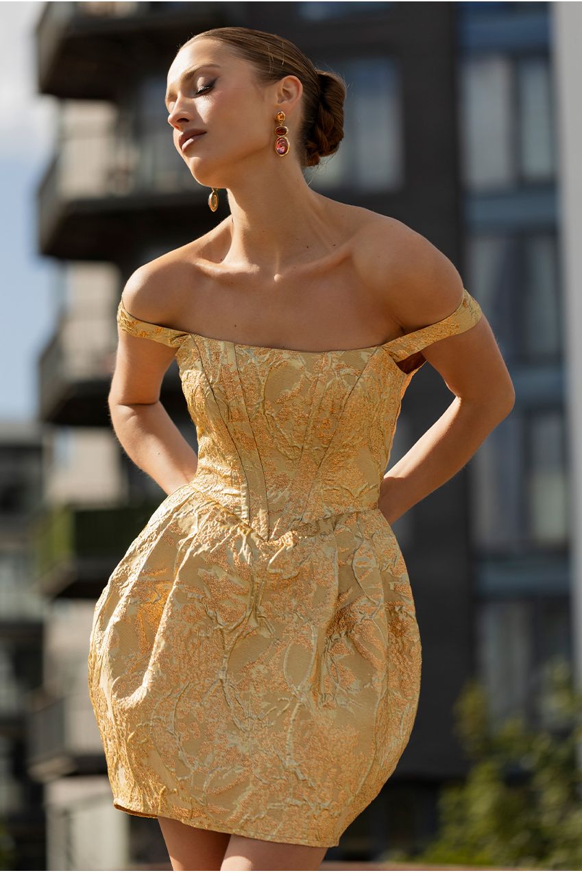Goddiva Corset Balloon Skirt Lace Up Back Mini Dress - Gold