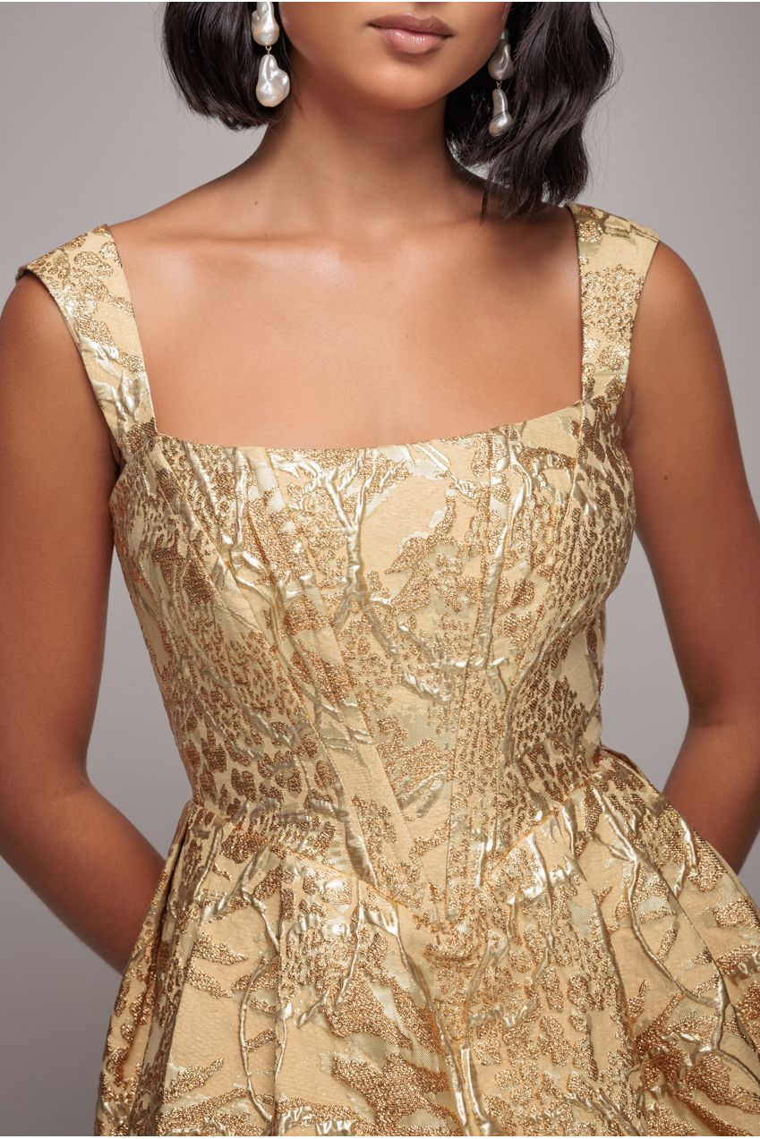 Goddiva Corset Balloon Skirt Lace Up Back Mini Dress - Gold