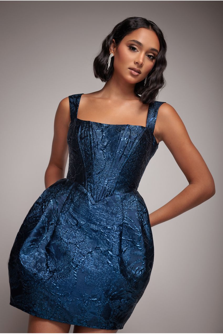 Goddiva Corset Balloon Skirt Lace Up Back Mini Dress - Navy Blue