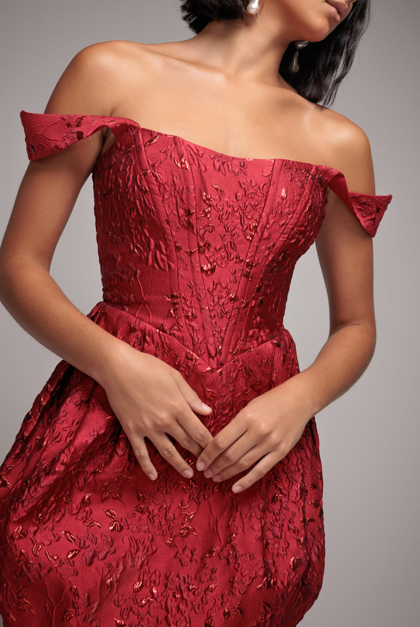 Goddiva Corset Balloon Skirt Lace Up Back Mini Dress - Red