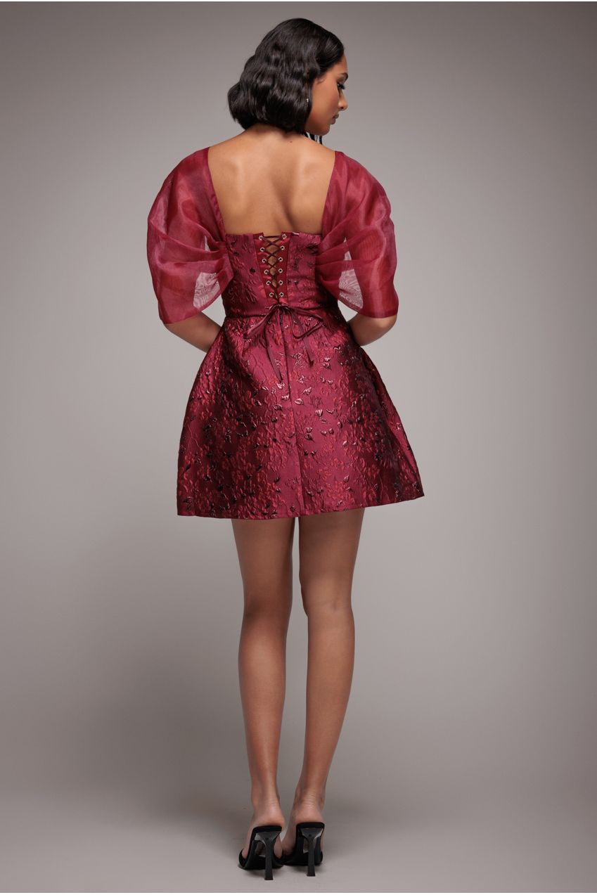 Goddiva Lace Up Jacquard Mini Dress With Organza Wings - Burgundy Red