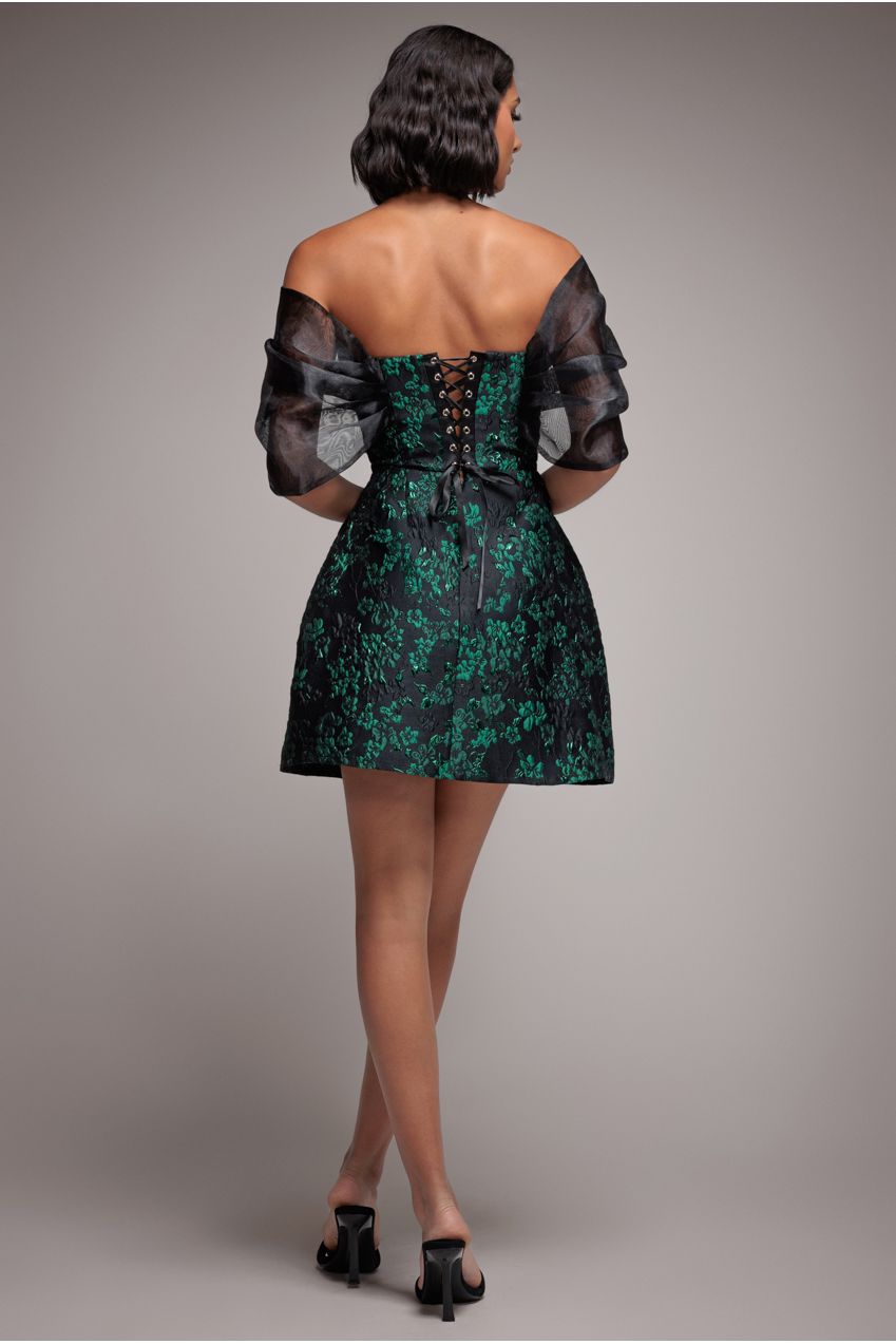Goddiva Lace Up Jacquard Mini Dress With Organza Wings - Emerald Black