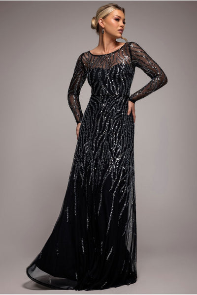 Black - Goddiva Ombre Sequin Beaded Flared Long Sleeve Maxi Dress - Black