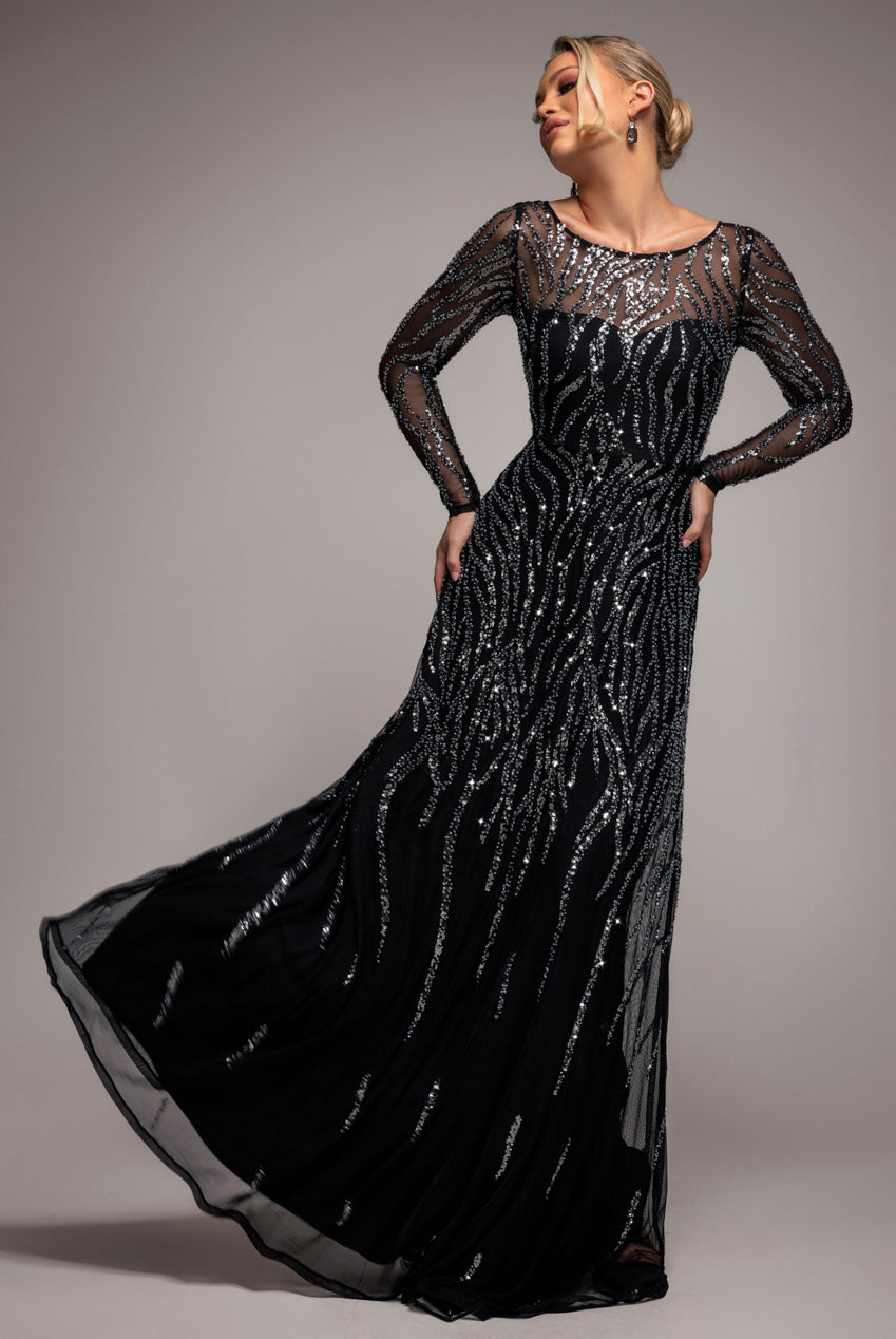 Goddiva Ombre Sequin Beaded Flared Long Sleeve Maxi Dress - Black