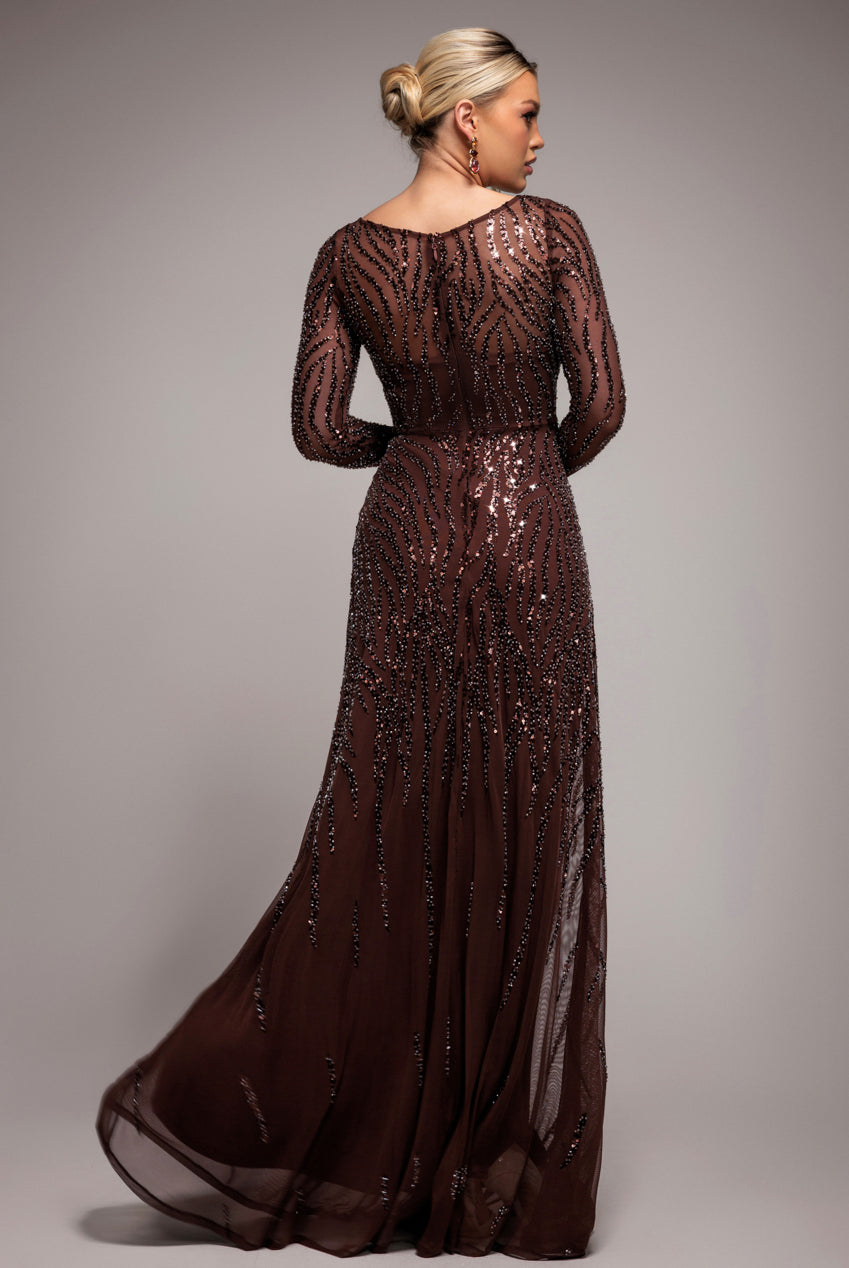 Goddiva Ombre Sequin Beaded Flared Long Sleeve Maxi Dress - Brown