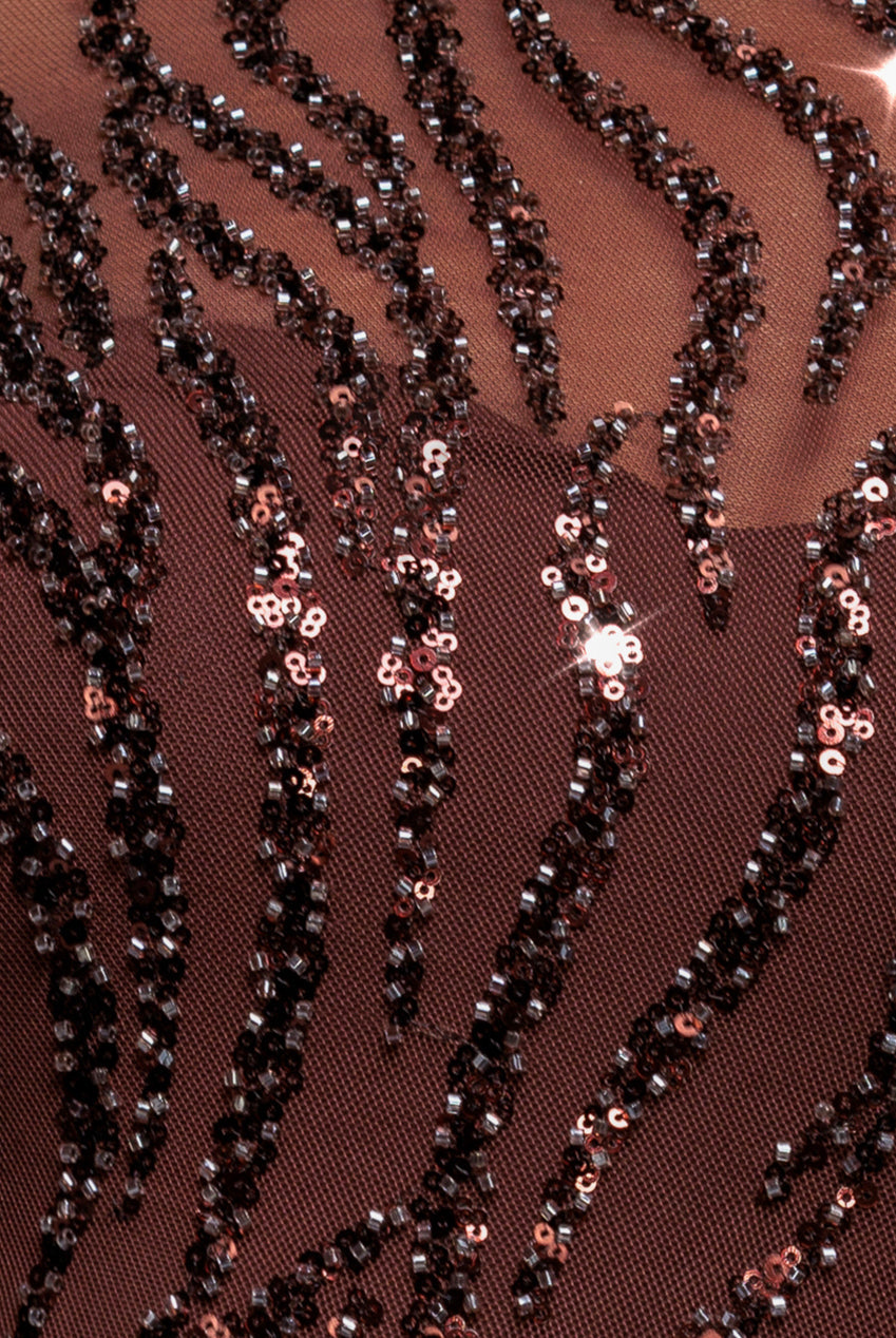 Goddiva Ombre Sequin Beaded Flared Long Sleeve Maxi Dress - Brown