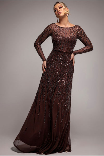 Brown - Goddiva Ombre Sequin Beaded Flared Long Sleeve Maxi Dress - Brown
