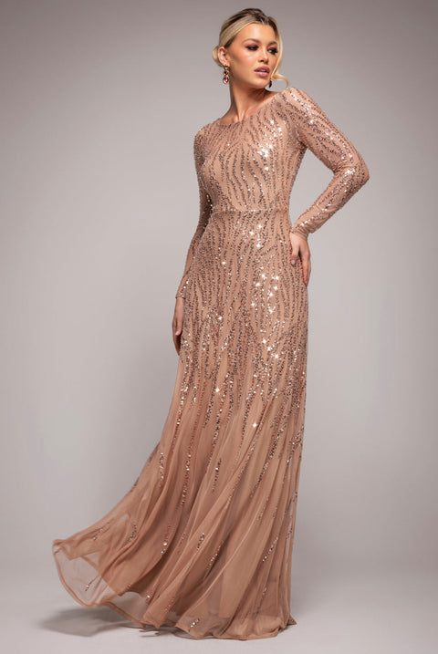 Goddiva Ombre Sequin Beaded Flared Long Sleeve Maxi Dress - Champagne