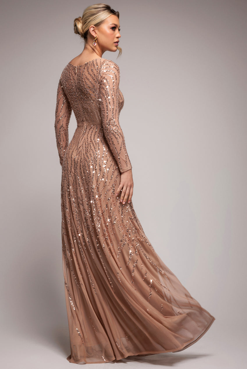 Goddiva Ombre Sequin Beaded Flared Long Sleeve Maxi Dress - Champagne