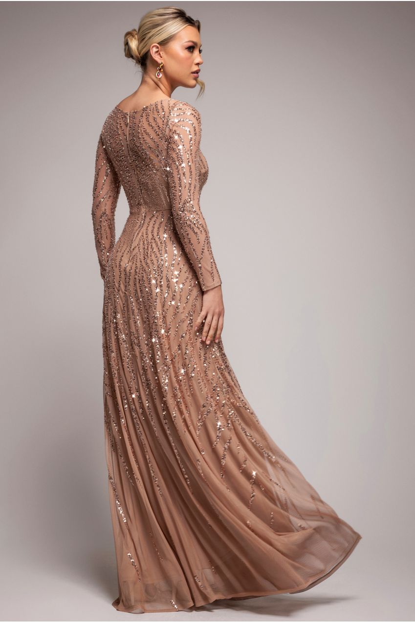 Goddiva Ombre Sequin Beaded Flared Long Sleeve Maxi Dress - Champagne