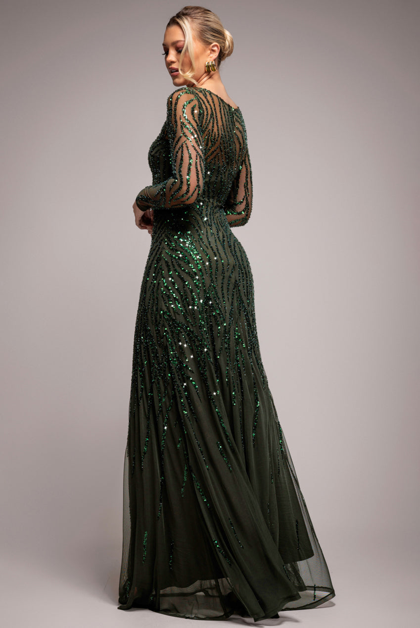 Goddiva Ombre Sequin Beaded Flared Long Sleeve Maxi Dress - Olive Green