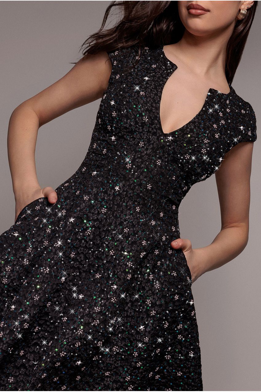 Goddiva Bead Embellished Jacquard Skater Mini Dress - Black