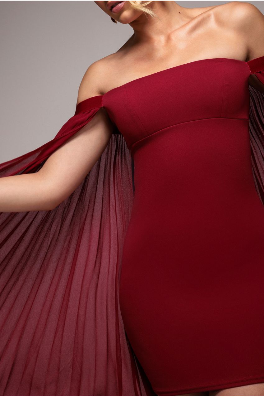 Goddiva Strapless Mini Dress With Pleated Chiffon Cape - Burgundy