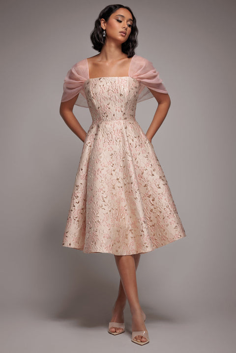 Goddiva Lace Up Jacquard Midi Dress With Organza Wings - Blush Pink