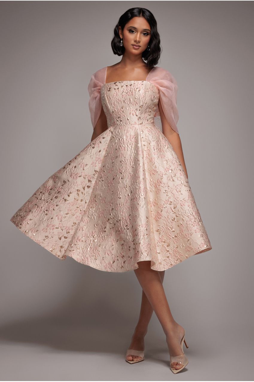 Goddiva Lace Up Jacquard Midi Dress With Organza Wings - Blush Pink