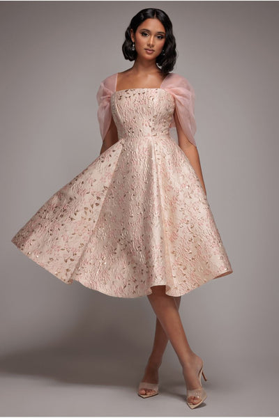 BlushPink - Goddiva Lace Up Jacquard Midi Dress With Organza Wings - Blush Pink