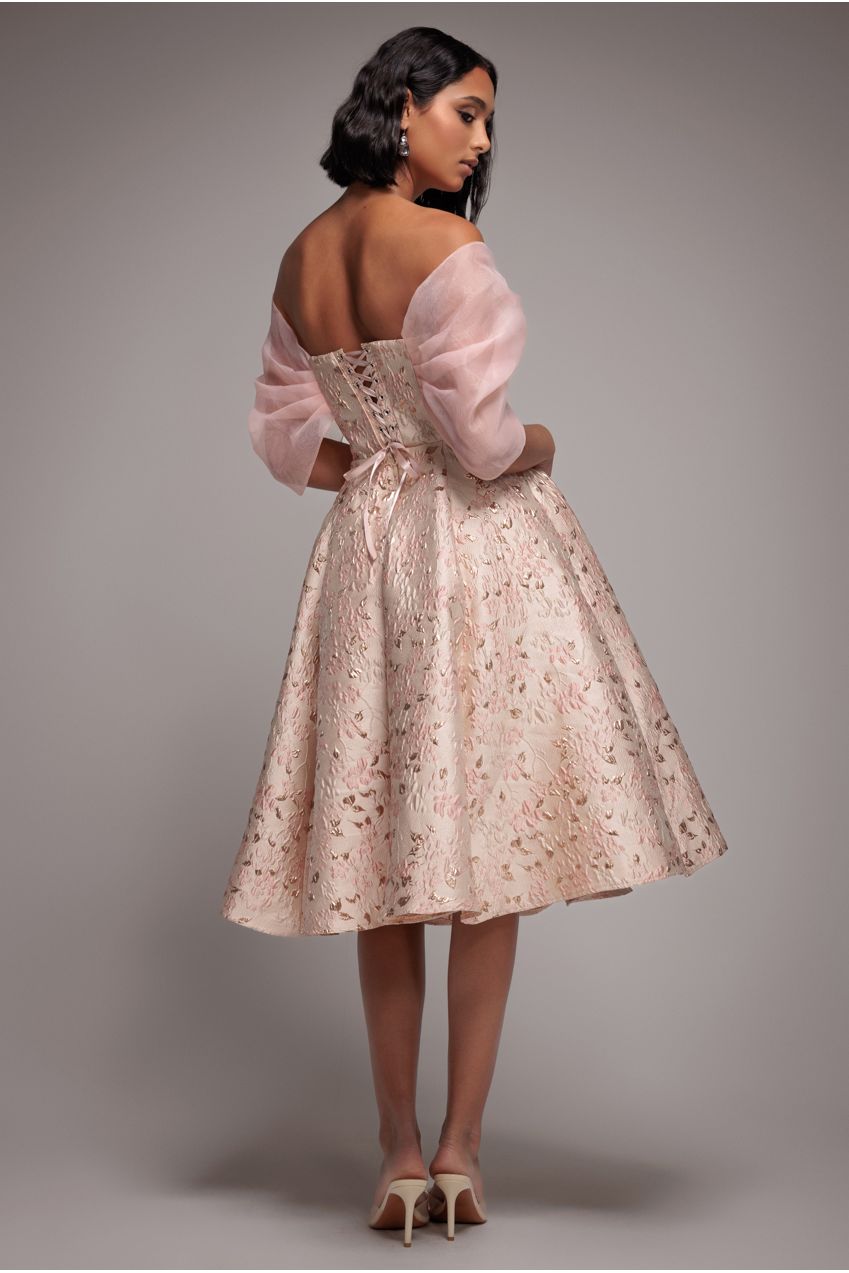 Goddiva Lace Up Jacquard Midi Dress With Organza Wings - Blush Pink