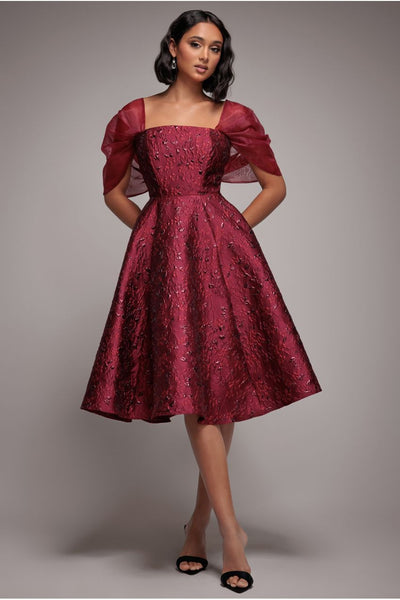 BurgundyRed - Goddiva Lace Up Jacquard Midi Dress With Organza Wings - Burgundy Red