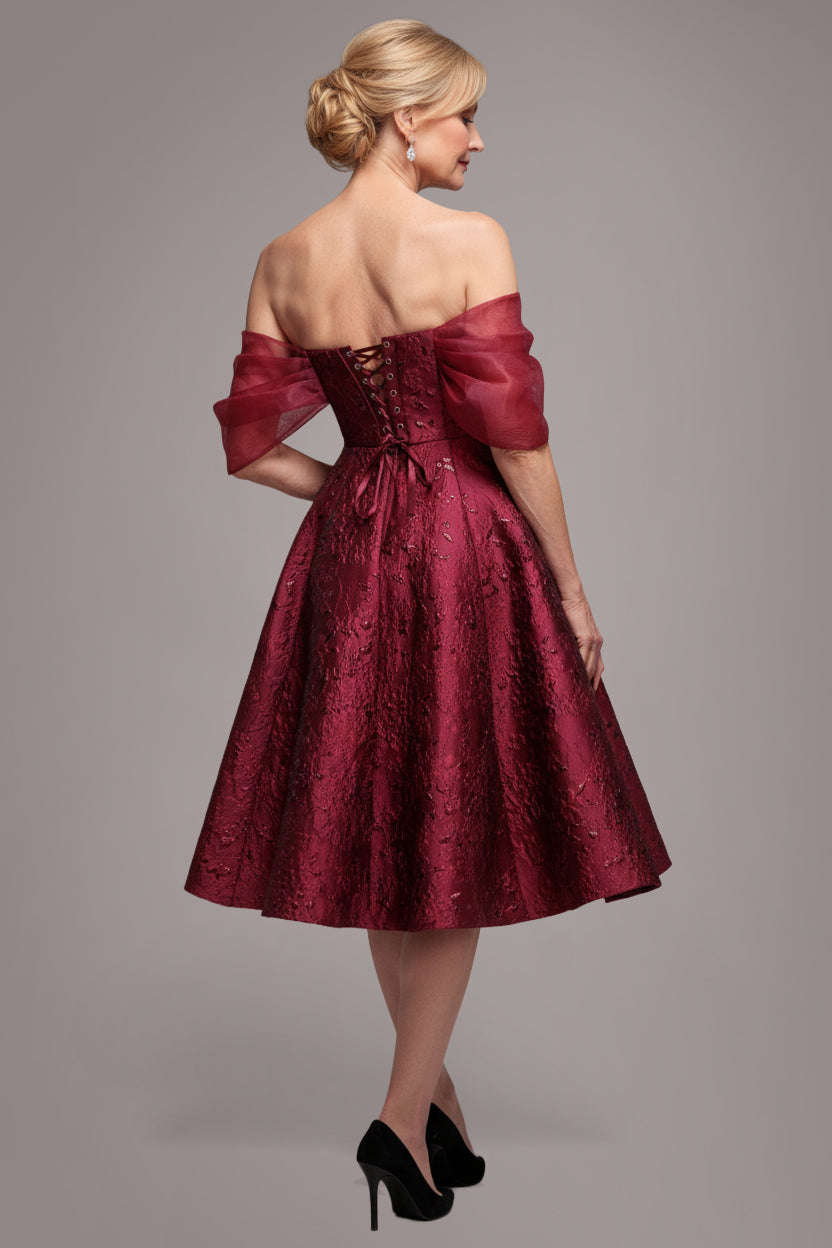 Goddiva Lace Up Jacquard Midi Dress With Organza Wings - Burgundy Red