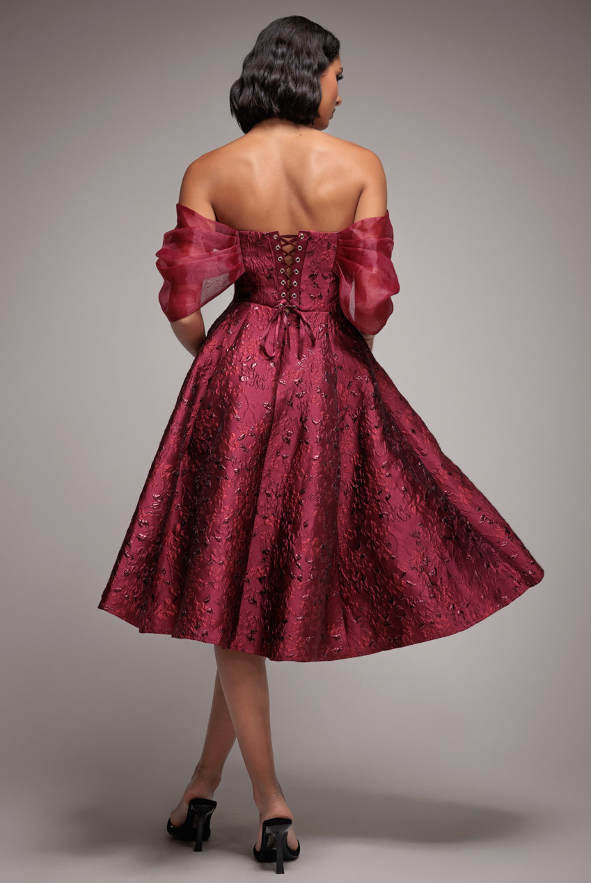 Goddiva Lace Up Jacquard Midi Dress With Organza Wings - Burgundy Red